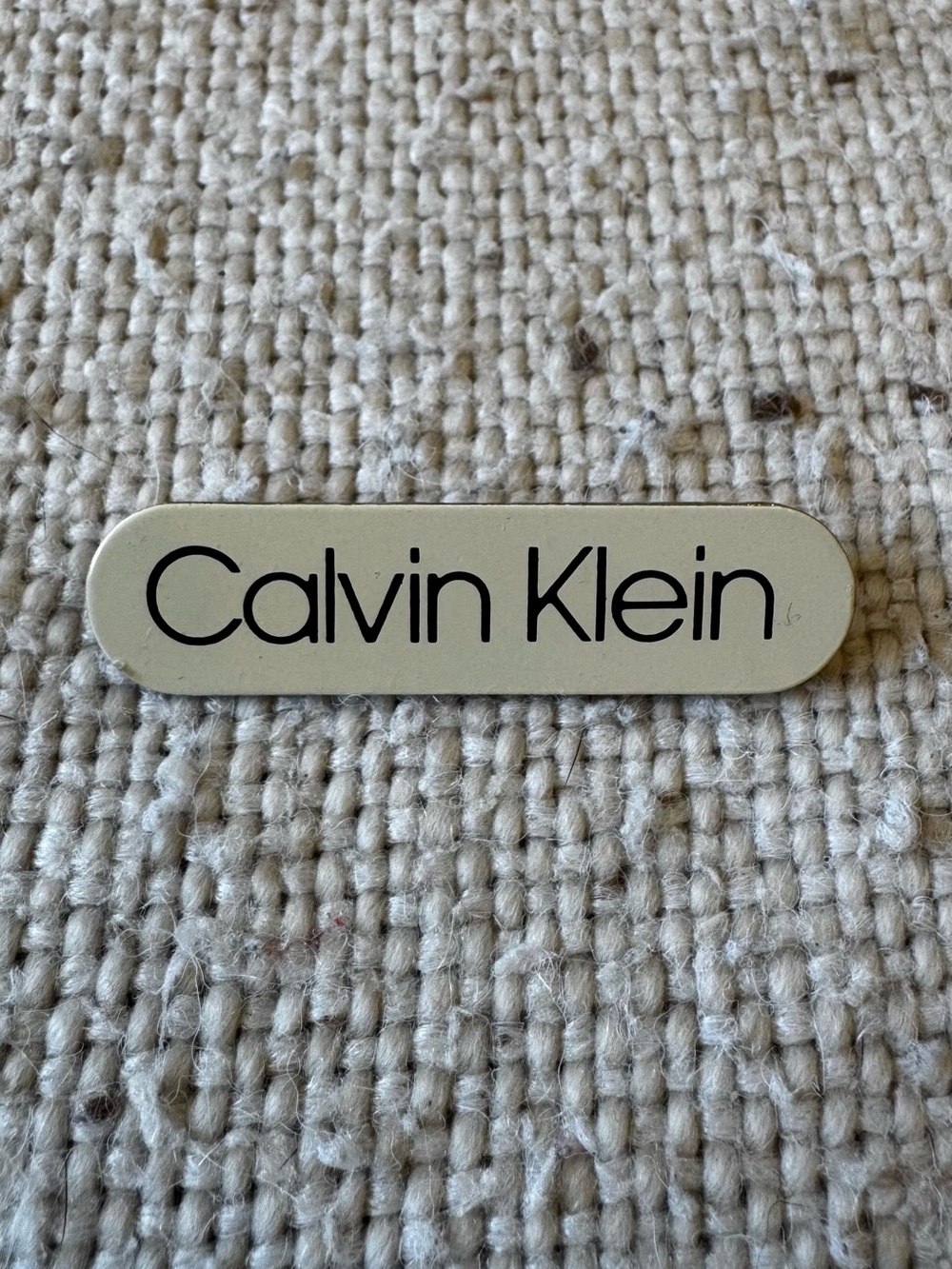 Calvin Klein Logo Plaque Brooch Pin Silver Tone Designer Fashion Accessory